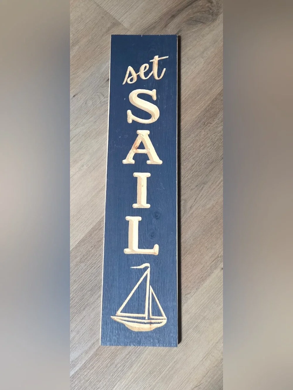 Navy and Cream 'Sail' Carved Wall Sign - Coastal Home Decor ~ Bin RR